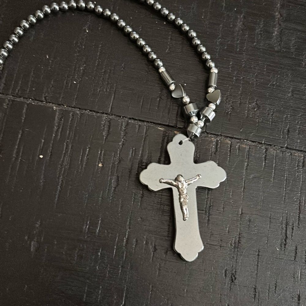 Vintage Beaded Cross Necklace Gray Gunmetal Unique